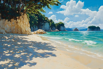 Coastal beach scene under a vibrant sky.