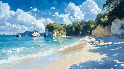 Picturesque beach scene under a vibrant sky.