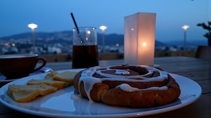 Cinnamon Roll With Icing With Blue Hour Color Cast Elevated Everyday Meals With Cityscape The Distance 