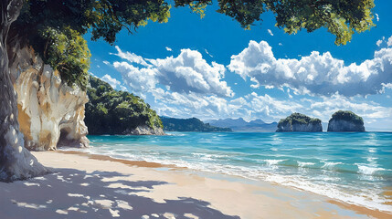 A tranquil beach scene under a sunny sky.