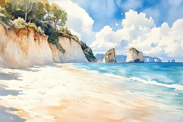 Coastal scenery with a sandy beach and dramatic cliffs.