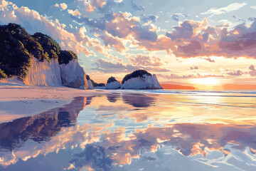 A serene seascape at sunset, with tranquil reflections.