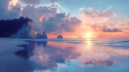 Serene sunrise over a tranquil beach.