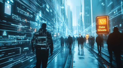 Silhouettes of people walking down a futuristic city street with digital displays.