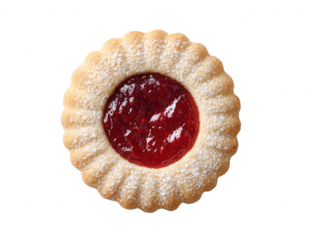 An overhead studio shot presents a delicious Linzer cookie filled with bright red jam and sprinkled with powdered sugar, isolated on a clean white background.