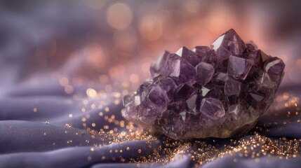 Geometric amethyst crystal cluster on silk fabric with floating golden particles, energy waves and lavender bokeh, perfect for spiritual branding, packaging design and wellness websites.
