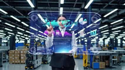 Asian Female Using Futuristic Holographic Interface in Modern Warehouse Environment                         - Powered by Adobe