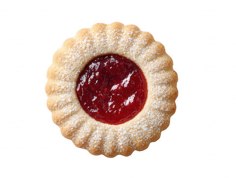 An overhead studio shot presents a delicious Linzer cookie filled with bright red jam and sprinkled with powdered sugar, isolated on a clean white background.