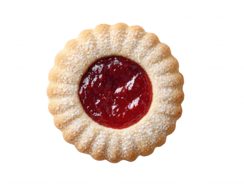 An overhead studio shot presents a delicious Linzer cookie filled with bright red jam and sprinkled with powdered sugar, isolated on a clean white background.