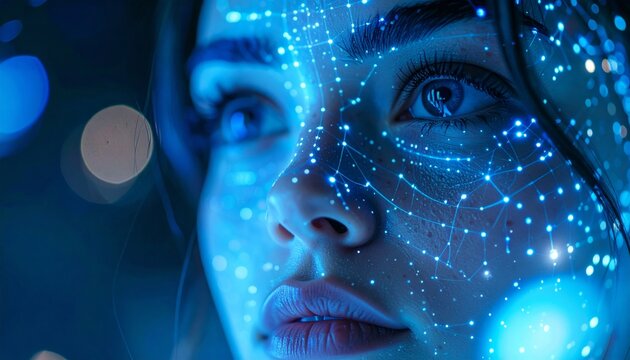 Futuristic interface shows AI technology analyzing a video of a woman's face, symbolizing the detection of deepfake using networked data.