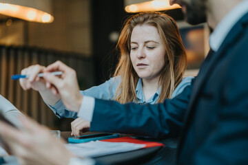 Business team members engaged in a focused interaction discussing ideas and planning in a modern...