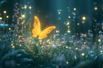 Golden butterfly amidst glowing wildflowers in a mystical forest.