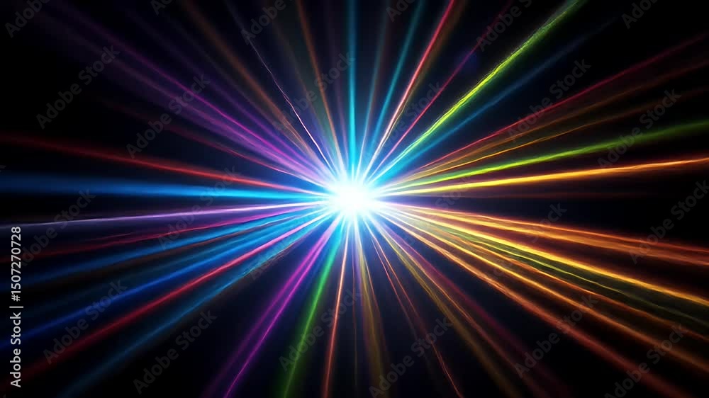Aufkleber Bright colorful light rays burst and radiate from central point on dark background, creating vibrant energy glow and dynamic visual effect