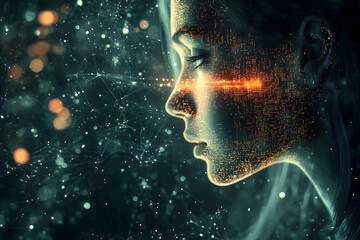 Profile view of a woman's face with glowing digital circuitry.
