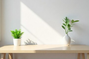 Clean, minimalist workspace featuring a single potted plant on a light wood desk, bright and airy atmosphere, simple elegance , minimalist, beige, plant pot