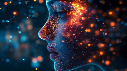 A digital rendering of a face with glowing particles.