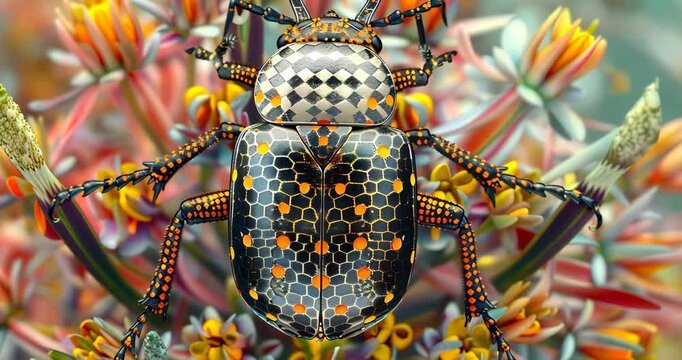Close-up of a colorful beetle with intricate patterns on its body, resting on a flower.