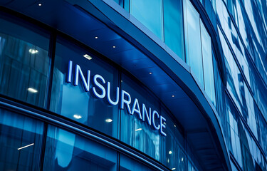 Modern insurance building with illuminated signage in urban setting