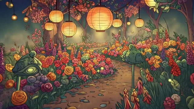Floral garden illustration with lanterns
