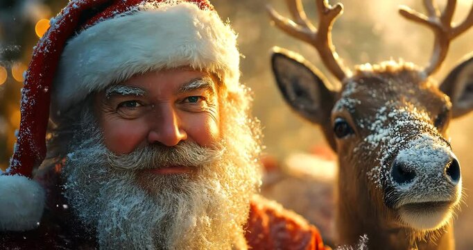 Close-up of Santa Claus and a reindeer in a snowy winter setting, embodying the Christmas spirit.