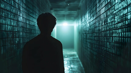 Person walking down a corridor with digital code on the walls.