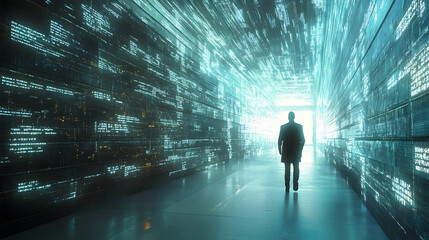 A figure walks through a tunnel lined with glowing digital code.