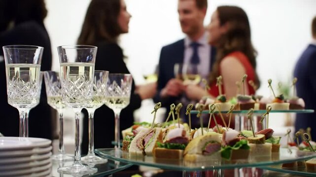 Elegant Event Catering Close Up with Champagne and Appetizers in Soft Focus
