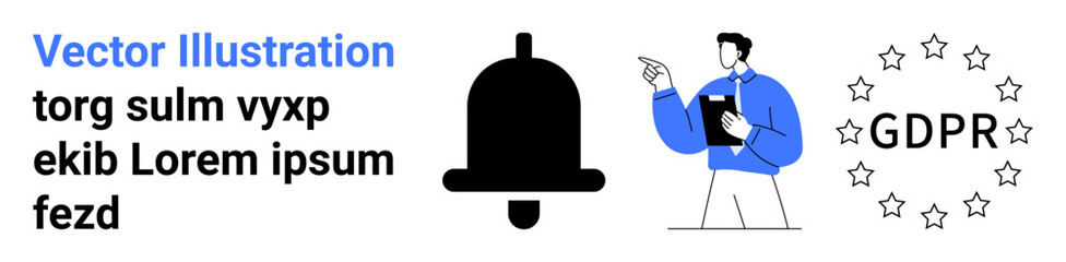 Notification bell, professional holding clipboard and GDPR emblem emphasize digital security, compliance, and regulation. Ideal for legal services, cybersecurity, privacy policy, user consent