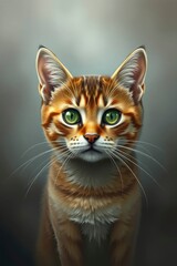 Fototapeta premium A closeup of a digital painting of a ginger tabby cat with striking green eyes set against a blurry gray background