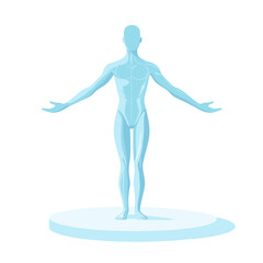 Light Blue Pixel Art Human Figure Standing on Platform with Arms Outstretched in a Digital Render