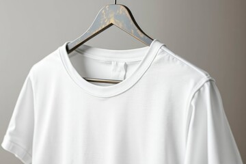A white tshirt hangs on a gray wooden hanger against a neutral background