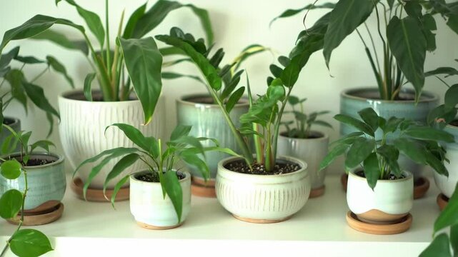 Houseplants Close Up Display Green Leaves in Pots on Shelf Minimalist Style