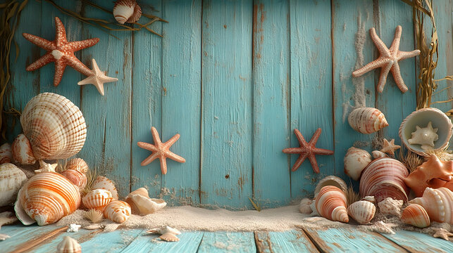 Seashell collection on a teal wooden background.