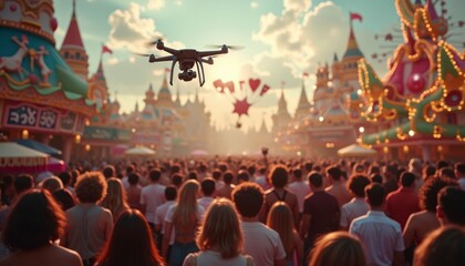 Drone Over Large Crowd at Carnival or Festival