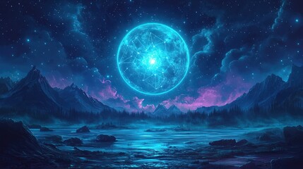 Glowing Orb Over Mountain Lake Reflecting Starry Night Sky Landscape