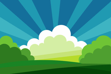 Obraz premium Vector cartoon illustration of a summer landscape with green grass, trees, and sunny sky with clouds over a field and hills