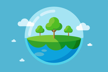 Fototapeta premium Green planet earth vector illustration with a happy summer sky, nature, and cartoon landscape of trees, grass, and flowers on a hill