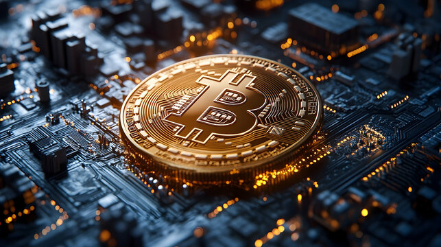 Golden bitcoin rests on a circuit board.