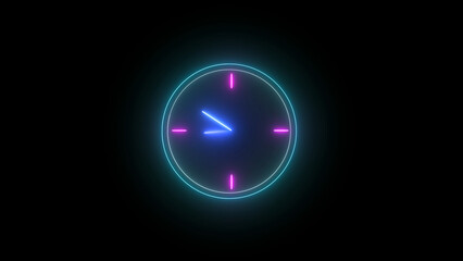 Glowing Neon Clock with Blue Hands and Pink Markers on Black Background