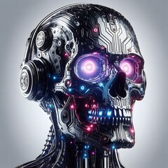 robotic AI skull vector, machine learning and artificial intelligence concept, glowing cyber skull representing future technology and protection,