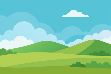 Fototapeta premium Summer nature landscape with green hills, blue sky, and clouds