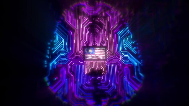 Futuristic AI Neural Engine Brain Chip CPU with Glowing Circuit Lines and Stroke Reveal Animation Powered by Deep Learning Technology and Digital Big Data Flow Made in Malaysia