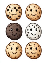 Obraz premium Cartoon Cookies Delight - Six happy cartoon cookies, various flavors, isolated, white background. Sweet, fun, delicious, bakery, treat concepts