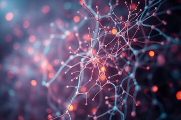 Closeup nerve cells branches and connections with spheres and glowing dots against a dark blurred backdrop