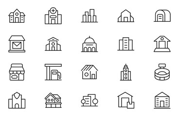Factory outline Icon Set. A dynamic collection of icons representing manufacturing perfect for engineering. Editable stroke. Vector illustration