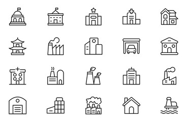 Factory outline Icon Set. A dynamic collection of icons representing manufacturing perfect for engineering. Editable stroke. Vector illustration