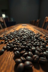 Fototapeta premium Coffee beans scattered on a wood table filling the frame Focus diminishes into the background with blurred chairs visible