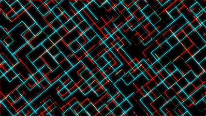 Abstract Geometric Background with Neon Lines in Blue Red and Gold on a Black Backdrop