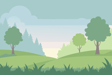 Lush green summer landscape with trees, a vibrant sky, and rolling hills, perfect for a spring nature illustration or cartoon scene