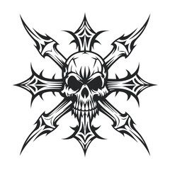 Obraz premium Monochrome Skull Design with Tribal Ornamental Cross on White, High Resolution Vector 